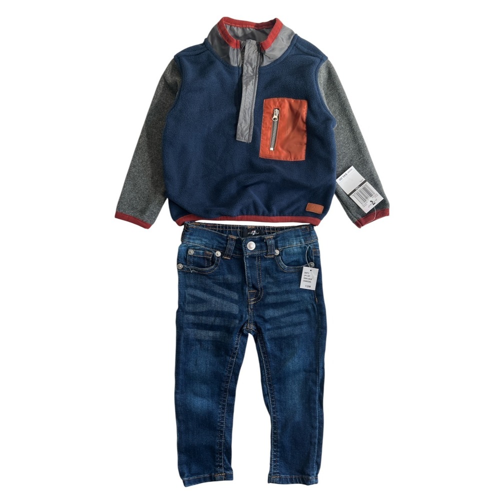NWT 7 Seven For All Mankind Baby Boy 12M Blue Fleece Jeans Set Designer Toddler